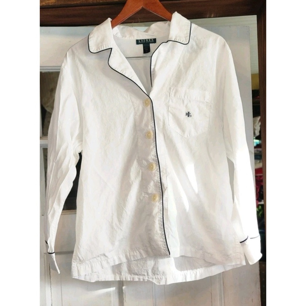 Lauren Ralph Lauren Women's White W Trim Cotton Pajama Top Monogram Size L Vtg